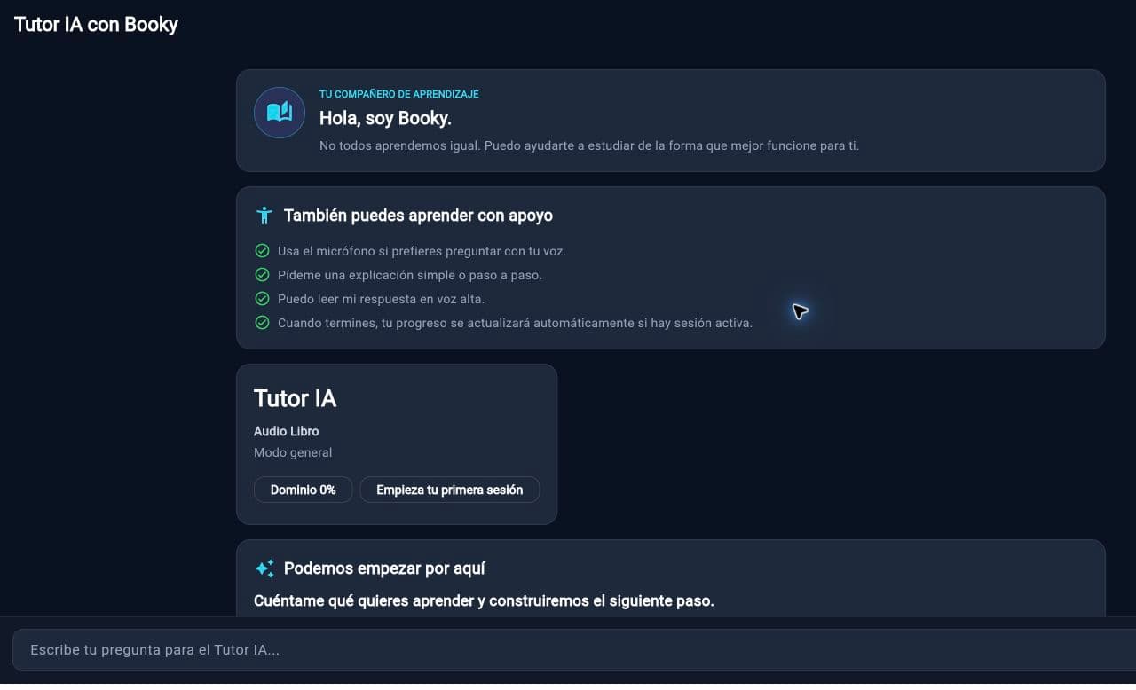 Vista real de Voice Tutor dentro de StudyBook AI, con apoyo por voz y opciones de aprendizaje.